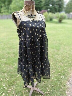 Forever 21 back & gold polka dotted voluminous ruffle dress Womens M